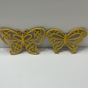 Vintage Syroco Homeco Butterfly Wall Hangings 1978 Faux Rattan Yellow 9.5" & 8"